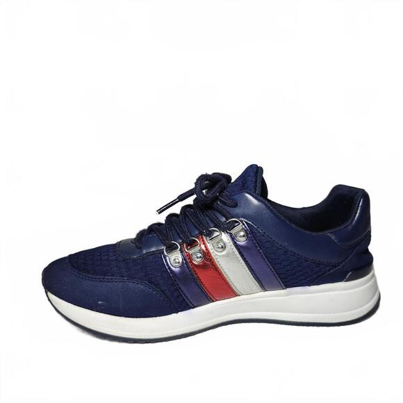 Tommy Hilfiger Women's Navy Blue Sneakers with Red, Silver, and Purple Stripes - Picture 7 of 9